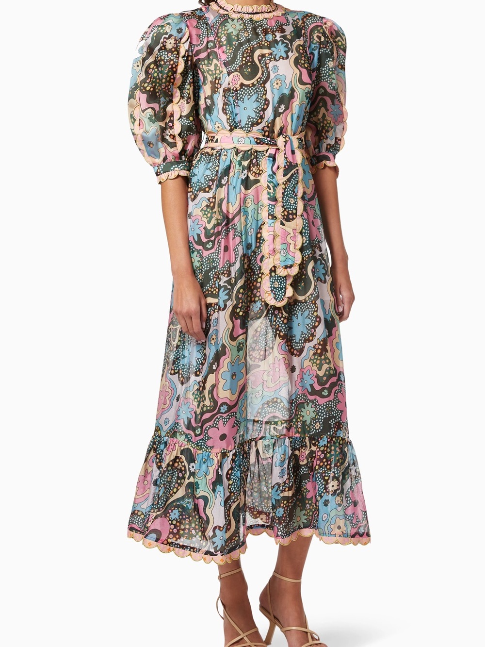CeliaB Pastel Multi Floral-Paisley Puff-Sleeve Midi Dress